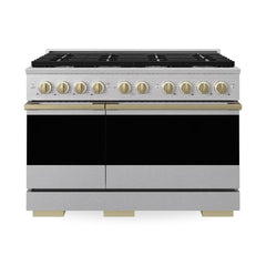 ZLINE Autograph Edition 48 in. 6.7 cu. ft. Marino Double Oven Dual Fuel Range with 8 Burner Gas Cooktop in Satin Stainless Steel and Champagne Bronze Accents - MDRSZ-48-CB - The Home Selection