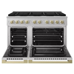 ZLINE Autograph Edition 48 in. 6.7 cu. ft. Marino Double Oven Dual Fuel Range with 8 Burner Gas Cooktop in Satin Stainless Steel and Champagne Bronze Accents - MDRSZ-48-CB - The Home Selection