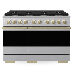 ZLINE Autograph Edition 48 in. 6.7 cu. ft. Marino Double Oven Dual Fuel Range with 8 Burner Gas Cooktop in Satin Stainless Steel and Champagne Bronze Accents - MDRSZ-48-CB - The Home Selection