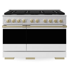 ZLINE Autograph Edition 48 in. 6.7 cu. ft. Marino Double Oven Dual Fuel Range with 8 Burner Gas Cooktop in Satin Stainless Steel with White Matte Doors and Champagne Bronze Accents - MDRSZ-WM-48-CB