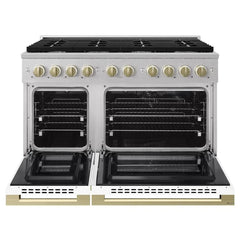 ZLINE Autograph Edition 48 in. 6.7 cu. ft. Marino Double Oven Dual Fuel Range with 8 Burner Gas Cooktop in Satin Stainless Steel with White Matte Doors and Champagne Bronze Accents - MDRSZ-WM-48-CB - The Home Selection