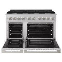 ZLINE 48 in. 6.7 cu. ft. Marino Double Oven Gas Range with 8 Burner Cooktop in Satin Stainless Steel - MGRS-48 - The Home Selection