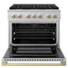 ZLINE Autograph Edition 36 in. 5.2 cu. ft. Marino Gas Range with 6 Burner Cooktop and Convection Gas Oven in Satin Stainless Steel and Champagne Bronze Accents - MGRSZ-36-CB - The Home Selection