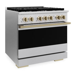 ZLINE Autograph Edition 36 in. 5.2 cu. ft. Marino Gas Range with 6 Burner Cooktop and Convection Gas Oven in Satin Stainless Steel and Champagne Bronze Accents - MGRSZ-36-CB - The Home Selection