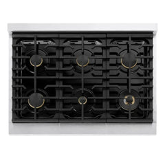 ZLINE Autograph Edition 36 in. 5.2 cu. ft. Marino Gas Range with 6 Burner Cooktop and Convection Gas Oven in Satin Stainless Steel and Champagne Bronze Accents - MGRSZ-36-CB - The Home Selection