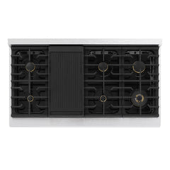 ZLINE Autograph Edition 48 in. 6.7 cu. ft. Marino Double Oven Gas Range with 8 Burner Cooktop in Satin Stainless Steel and Champagne Bronze Accents - MGRSZ-48-CB - The Home Selection