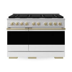 ZLINE Autograph Edition 48 in. 6.7 cu. ft. Marino Double Oven Gas Range with 8 Burner Cooktop in Satin Stainless Steel with White Matte Doors and Champagne Bronze Accents - MGRSZ-WM-48-CB - The Home Selection
