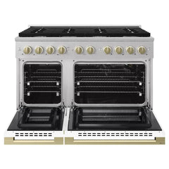 ZLINE Autograph Edition 48 in. 6.7 cu. ft. Marino Double Oven Gas Range with 8 Burner Cooktop in Satin Stainless Steel with White Matte Doors and Champagne Bronze Accents - MGRSZ-WM-48-CB - The Home Selection