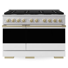 ZLINE Autograph Edition 48 in. 6.7 cu. ft. Marino Double Oven Gas Range with 8 Burner Cooktop in Satin Stainless Steel with White Matte Doors and Champagne Bronze Accents - MGRSZ-WM-48-CB - The Home Selection