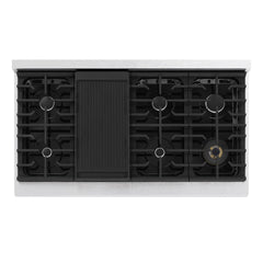 ZLINE Autograph Edition 48 in. 6.7 cu. ft. Marino Double Oven Gas Range with 8 Burner Cooktop in Satin Stainless Steel with White Matte Doors and Champagne Bronze Accents - MGRSZ-WM-48-CB - The Home Selection