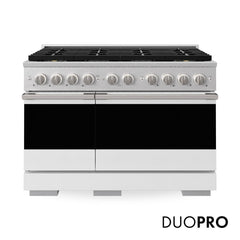 ZLINE 48 in. 6.7 cu. ft. Marino Gas Range with 8 Burner DuoPro™ Cooktop and Dual Ovens in Satin Stainless Steel with White Matte Doors - PMGRS-WM-48 - The Home Selection
