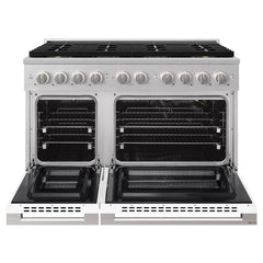 ZLINE 48 in. 6.7 cu. ft. Marino Gas Range with 8 Burner DuoPro™ Cooktop and Dual Ovens in Satin Stainless Steel with White Matte Doors - PMGRS-WM-48 - The Home Selection