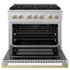 ZLINE Autograph Edition 36 in. 5.2 cu. ft. Marino Gas Range with 6 Burner DuoPro™ Cooktop and Convection Gas Oven in Satin Stainless Steel and Champagne Bronze Accents - PMGRSZ-36-CB - The Home Selection
