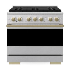ZLINE Autograph Edition 36 in. 5.2 cu. ft. Marino Gas Range with 6 Burner DuoPro™ Cooktop and Convection Gas Oven in Satin Stainless Steel and Champagne Bronze Accents - PMGRSZ-36-CB - The Home Selection