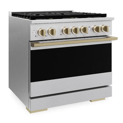 ZLINE Autograph Edition 36 in. 5.2 cu. ft. Marino Gas Range with 6 Burner DuoPro™ Cooktop and Convection Gas Oven in Satin Stainless Steel and Champagne Bronze Accents - PMGRSZ-36-CB - The Home Selection