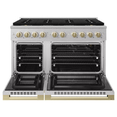 ZLINE Autograph Edition 48 in. 6.7 cu. ft. Marino Gas Range with 8 Burner DuoPro™ Cooktop and Dual Ovens in Satin Stainless Steel and Champagne Bronze Accents - PMGRSZ-48-CB - The Home Selection