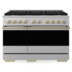 ZLINE Autograph Edition 48 in. 6.7 cu. ft. Marino Gas Range with 8 Burner DuoPro™ Cooktop and Dual Ovens in Satin Stainless Steel and Champagne Bronze Accents - PMGRSZ-48-CB - The Home Selection