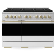 ZLINE Autograph Edition 48 in. 6.7 cu. ft. Marino Gas Range with 8 Burner DuoPro™ Cooktop and Dual Ovens in Satin Stainless Steel with White Matte Doors and Champagne Bronze Accents - PMGRSZ-WM-48-CB - The Home Selection