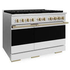ZLINE Autograph Edition 48 in. 6.7 cu. ft. Marino Gas Range with 8 Burner DuoPro™ Cooktop and Dual Ovens in Satin Stainless Steel with White Matte Doors and Champagne Bronze Accents - PMGRSZ-WM-48-CB - The Home Selection