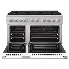 ZLINE 48 in. 6.7 cu. ft. Marino Double Oven Dual Fuel Range with 8 Burner Gas Cooktop in Satin Stainless Steel with White Matte Doors - MDRS-WM-48 - The Home Selection