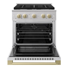 ZLINE Autograph Edition 30 in. 4.2 cu. ft. Marino Dual Fuel Range with 4 Burner Gas Cooktop and Electric Convection Oven in Stainless Steel with Champagne Bronze Accents - MDRZ-30-CB - The Home Selection