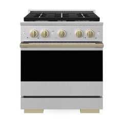 ZLINE Autograph Edition 30 in. 4.2 cu. ft. Marino Dual Fuel Range with 4 Burner Gas Cooktop and Electric Convection Oven in Stainless Steel with Champagne Bronze Accents - MDRZ-30-CB - The Home Selection
