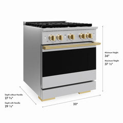 ZLINE Autograph Edition 30 in. 4.2 cu. ft. Marino Dual Fuel Range with 4 Burner Gas Cooktop and Electric Convection Oven in Stainless Steel with Polished Gold Accents - MDRZ-30-G - The Home Selection