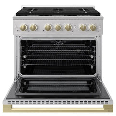 ZLINE Autograph Edition 36 in. 5.2 cu. ft. Marino Dual Fuel Range with 6 Burner Gas Cooktop and Electric Convection Oven in Stainless Steel with Champagne Bronze Accents - MDRZ-36-CB - The Home Selection