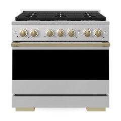ZLINE Autograph Edition 36 in. 5.2 cu. ft. Marino Dual Fuel Range with 6 Burner Gas Cooktop and Electric Convection Oven in Stainless Steel with Champagne Bronze Accents - MDRZ-36-CB - The Home Selection