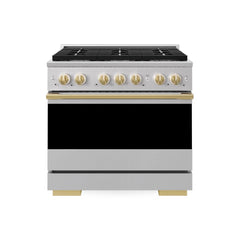 ZLINE Autograph Edition 36 in. 5.2 cu. ft. Marino Dual Fuel Range with 6 Burner Gas Cooktop and Electric Convection Oven in Stainless Steel with Polished Gold Accents - MDRZ-36-G - The Home Selection
