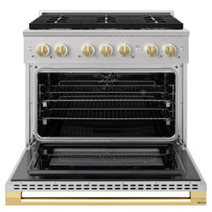ZLINE Autograph Edition 36 in. 5.2 cu. ft. Marino Dual Fuel Range with 6 Burner Gas Cooktop and Electric Convection Oven in Stainless Steel with Polished Gold Accents - MDRZ-36-G - The Home Selection