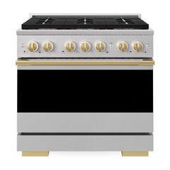 ZLINE Autograph Edition 36 in. 5.2 cu. ft. Marino Dual Fuel Range with 6 Burner Gas Cooktop and Electric Convection Oven in Stainless Steel with Polished Gold Accents - MDRZ-36-G - The Home Selection