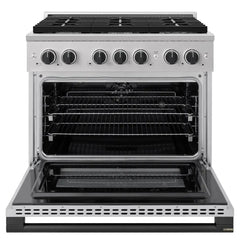 ZLINE Autograph Edition 36 in. 5.2 cu. ft. Marino Dual Fuel Range with 6 Burner Gas Cooktop and Electric Convection Oven in Stainless Steel with Matte Black Accents - MDRZ-36-MB - The Home Selection