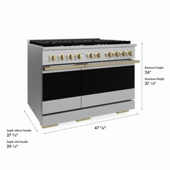 ZLINE Autograph Edition 48 in. 6.7 cu. ft. Marino Double Oven Dual Fuel Range with 8 Burner Gas Cooktop in Stainless Steel and Champagne Bronze Accents - MDRZ-48-CB - The Home Selection