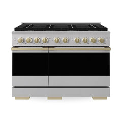 ZLINE Autograph Edition 48 in. 6.7 cu. ft. Marino Double Oven Dual Fuel Range with 8 Burner Gas Cooktop in Stainless Steel and Champagne Bronze Accents - MDRZ-48-CB - The Home Selection