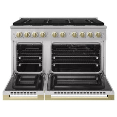 ZLINE Autograph Edition 48 in. 6.7 cu. ft. Marino Double Oven Dual Fuel Range with 8 Burner Gas Cooktop in Stainless Steel and Champagne Bronze Accents - MDRZ-48-CB - The Home Selection