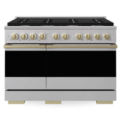 ZLINE Autograph Edition 48 in. 6.7 cu. ft. Marino Double Oven Dual Fuel Range with 8 Burner Gas Cooktop in Stainless Steel and Champagne Bronze Accents - MDRZ-48-CB - The Home Selection