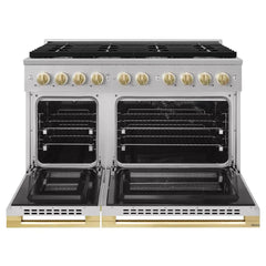 ZLINE Autograph Edition 48 in. 6.7 cu. ft. Marino Double Oven Dual Fuel Range with 8 Burner Gas Cooktop in Stainless Steel and Polished Gold Accents - MDRZ-48-G - The Home Selection