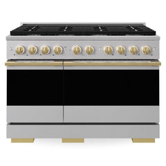 ZLINE Autograph Edition 48 in. 6.7 cu. ft. Marino Double Oven Dual Fuel Range with 8 Burner Gas Cooktop in Stainless Steel and Polished Gold Accents - MDRZ-48-G - The Home Selection