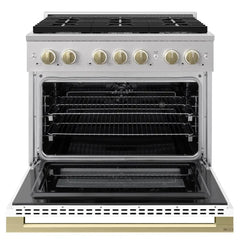 ZLINE Autograph Edition 36 in. 5.2 cu. ft. Marino Dual Fuel Range with 6 Burner Gas Cooktop and Electric Convection Oven in Stainless Steel with White Matte Door and Champagne Bronze Accents - MDRZ-WM-36-CB - The Home Selection