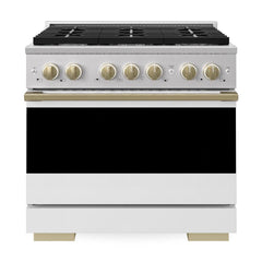 ZLINE Autograph Edition 36 in. 5.2 cu. ft. Marino Dual Fuel Range with 6 Burner Gas Cooktop and Electric Convection Oven in Stainless Steel with White Matte Door and Champagne Bronze Accents - MDRZ-WM-36-CB - The Home Selection