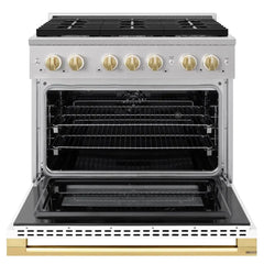 ZLINE Autograph Edition 36 in. 5.2 cu. ft. Marino Dual Fuel Range with 6 Burner Gas Cooktop and Electric Convection Oven in Stainless Steel with White Matte Door and Polished Gold Accents - MDRZ-WM-36-G - The Home Selection