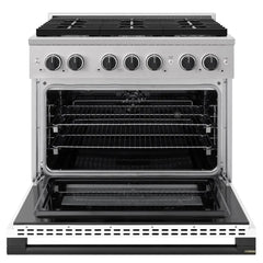ZLINE Autograph Edition 36 in. 5.2 cu. ft. Marino Dual Fuel Range with 6 Burner Gas Cooktop and Electric Convection Oven in Stainless Steel with White Matte Door and Matte Black Accents - MDRZ-WM-36-MB - The Home Selection