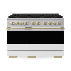 ZLINE Autograph Edition 48 in. 6.7 cu. ft. Marino Double Oven Dual Fuel Range with 8 Burner Gas Cooktop in Stainless Steel with White Matte Doors and Champagne Bronze Accents - MDRZ-WM-48-CB - The Home Selection