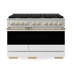ZLINE Autograph Edition 48 in. 6.7 cu. ft. Marino Double Oven Dual Fuel Range with 8 Burner Gas Cooktop in Stainless Steel with White Matte Door and Polished Gold Accents - MDRZ-WM-48-G - The Home Selection