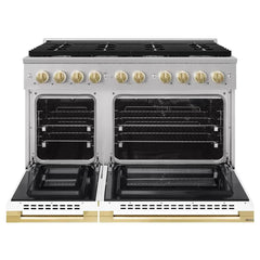 ZLINE Autograph Edition 48 in. 6.7 cu. ft. Marino Double Oven Dual Fuel Range with 8 Burner Gas Cooktop in Stainless Steel with White Matte Door and Polished Gold Accents - MDRZ-WM-48-G - The Home Selection
