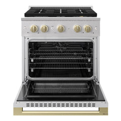 ZLINE Autograph Edition 30 in. 4.2 cu. ft. Marino Dual Fuel Range with 4 Burner DuoPro™ Cooktop and Electric Convection Oven in Stainless Steel with Champagne Bronze Accents - PMDRZ-30-CB - The Home Selection