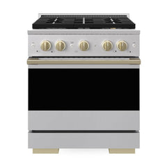 ZLINE Autograph Edition 30 in. 4.2 cu. ft. Marino Dual Fuel Range with 4 Burner DuoPro™ Cooktop and Electric Convection Oven in Stainless Steel with Champagne Bronze Accents - PMDRZ-30-CB - The Home Selection
