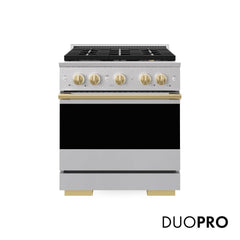 ZLINE Autograph Edition 30 in. 4.2 cu. ft. Marino Dual Fuel Range with 4 Burner DuoPro™ Cooktop and Electric Convection Oven in Stainless Steel with Polished Gold Accents - PMDRZ-30-G - The Home Selection