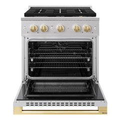 ZLINE Autograph Edition 30 in. 4.2 cu. ft. Marino Dual Fuel Range with 4 Burner DuoPro™ Cooktop and Electric Convection Oven in Stainless Steel with Polished Gold Accents - PMDRZ-30-G - The Home Selection